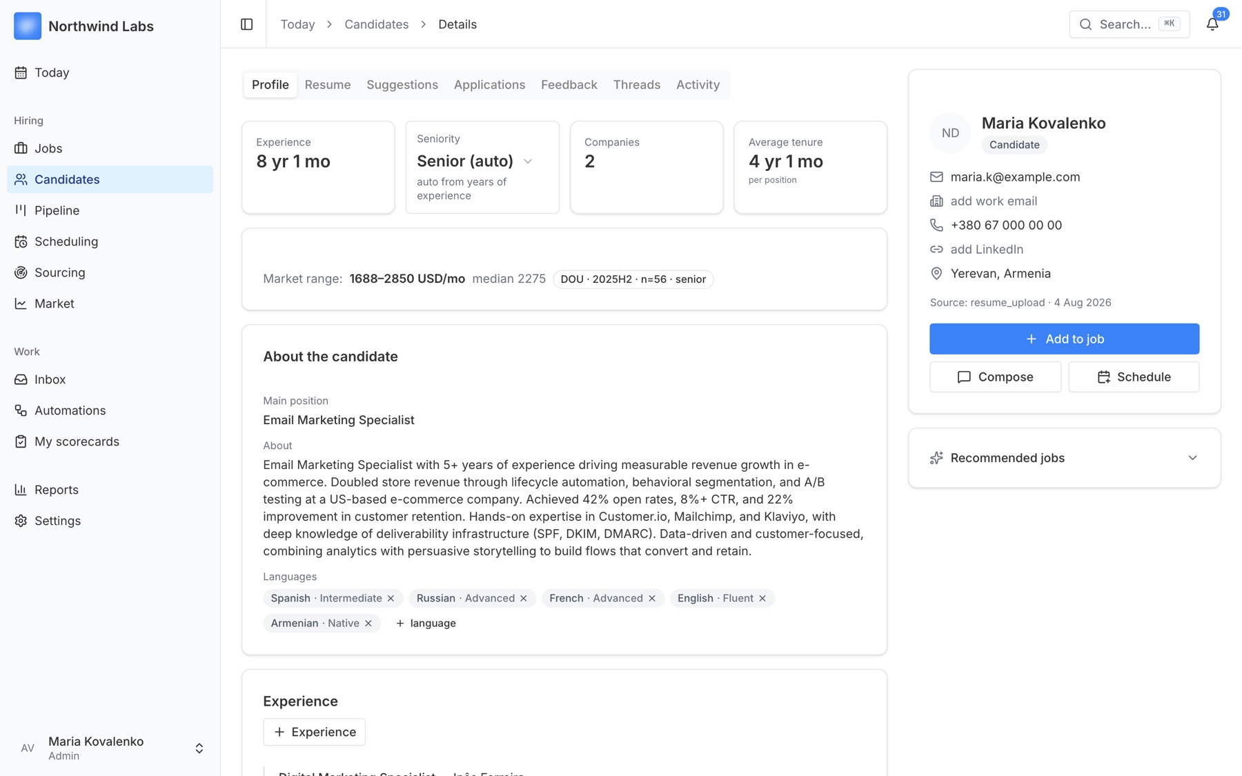 Candidate profile with experience, seniority and market range