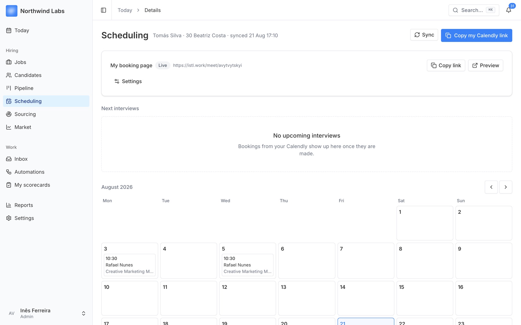 Scheduling screen