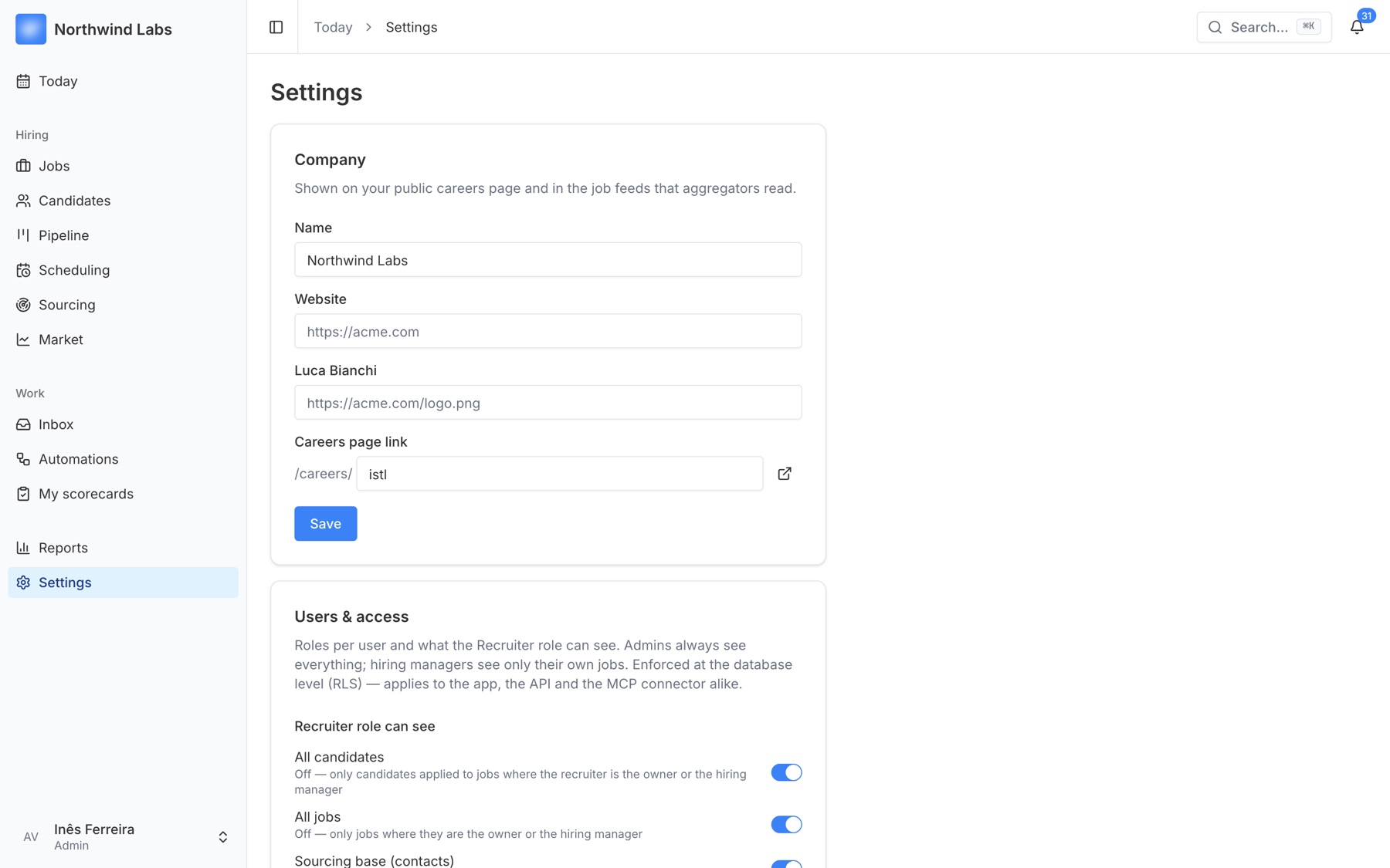 Settings: calendar, Gmail and connector status