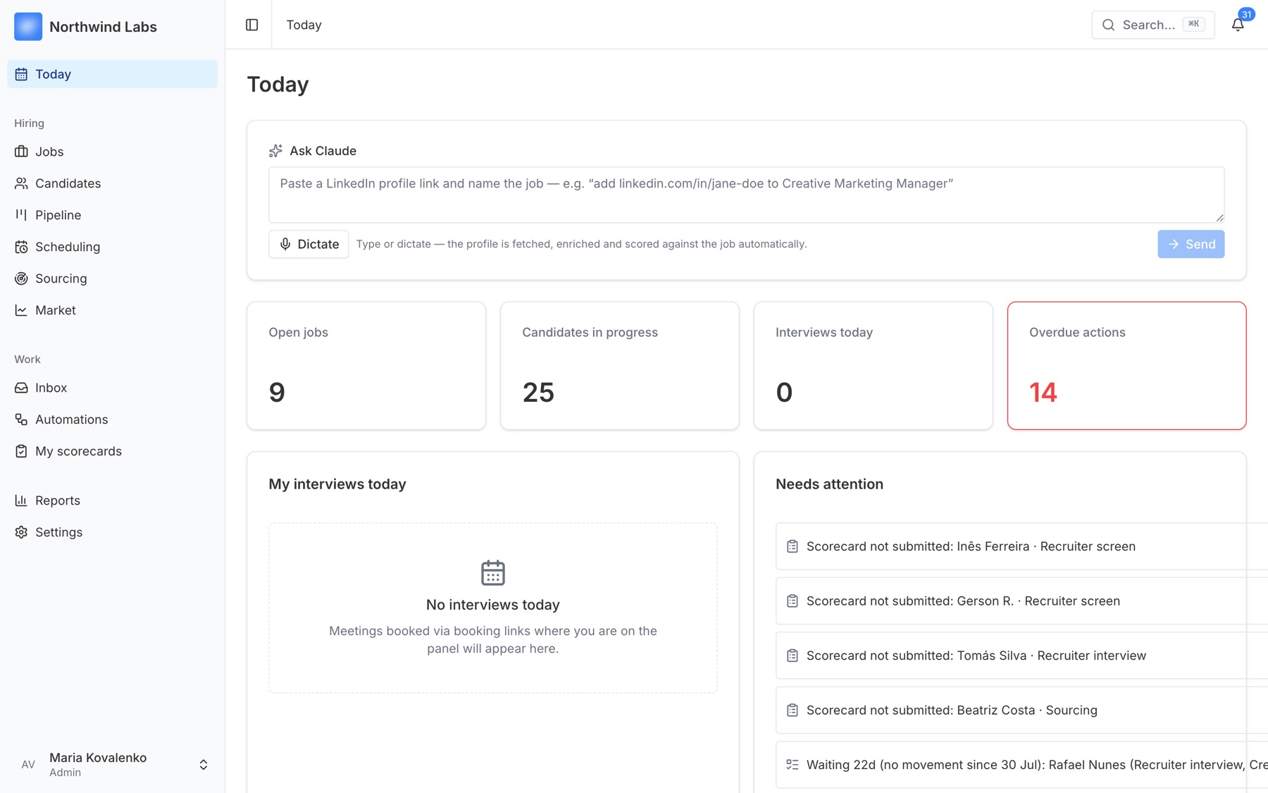 The Today screen: open jobs, candidates in progress, interviews and what needs attention